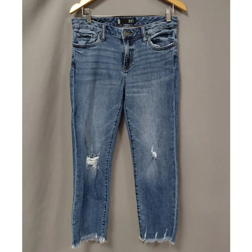 KUT from the Kloth Blue Distressed Raw Hem Straight Leg Jeans Women Size 4